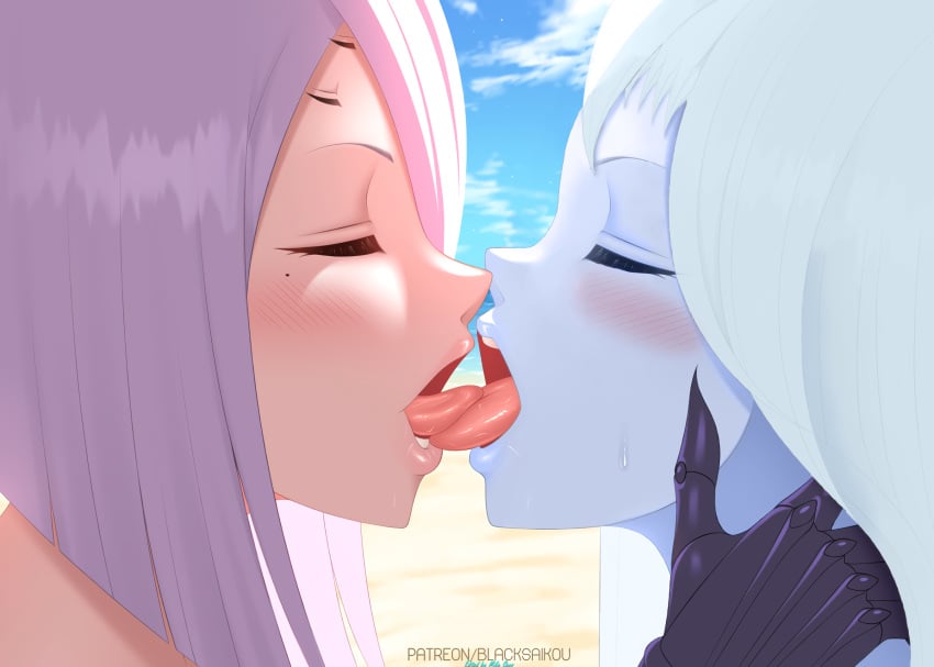 2girls beach blacksaikou blue_body closed_eye closed_eyes dullahan kissing lala_(monster_musume) monster_musume_no_iru_nichijou outdoors rachnera_arachnera spider_girl tagme tongue yuri