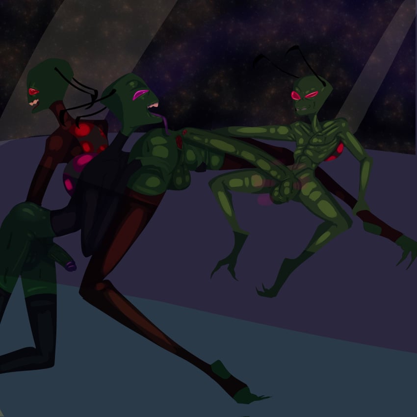 alien alien_humanoid antennae_(anatomy) anus ass balls big_penis genitals green_eyes group hi_res huge_cock humanoid invader_zim irken male male/male nickelodeon open_mouth penis purple_eyes red_eyes size_difference small_dom_big_sub tallest_purple tallest_red tally_nihil_(artist) thick_thighs tongue tongue_out trio zim