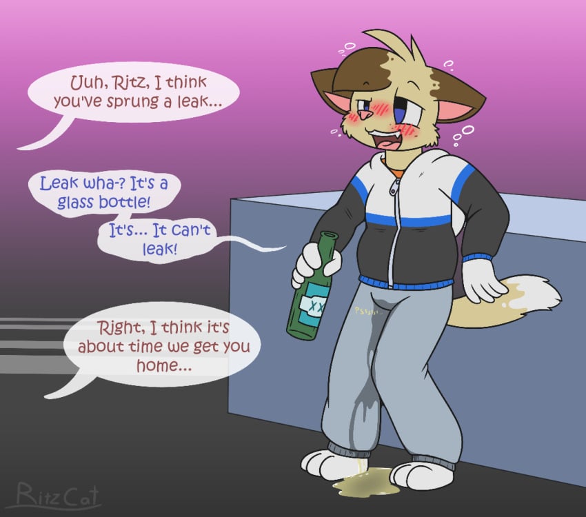 alcohol anthro beverage bodily_fluids bottle bubble dialogue drunk drunk_bubble genital_fluids holding_bottle holding_object humanoid male peeing ritz_(ritzcat) ritzcat solo speech_bubble substance_intoxication urine watermark wetting