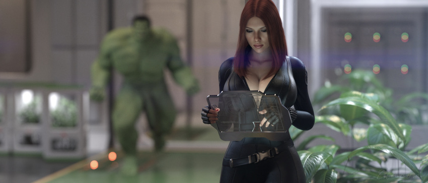 1boy 1girls 3d 3d_(artwork) avengers belt black_widow_(marvel) blurred_background bodysuit continuation distracted green_skin huge_cock hulk hulk_(series) imminent_rape looking_at_tablet marvel marvel_cinematic_universe marvel_comics natasha_romanoff otacon212 scarlett_johansson unaware