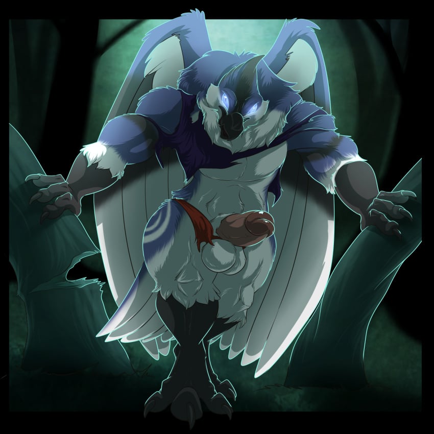 1boy anthro anthro_only avalon avalondragon avalonjay avian bird bloo blue genitals hi_res male male_only muscular penis solo talons transformation werebluejay