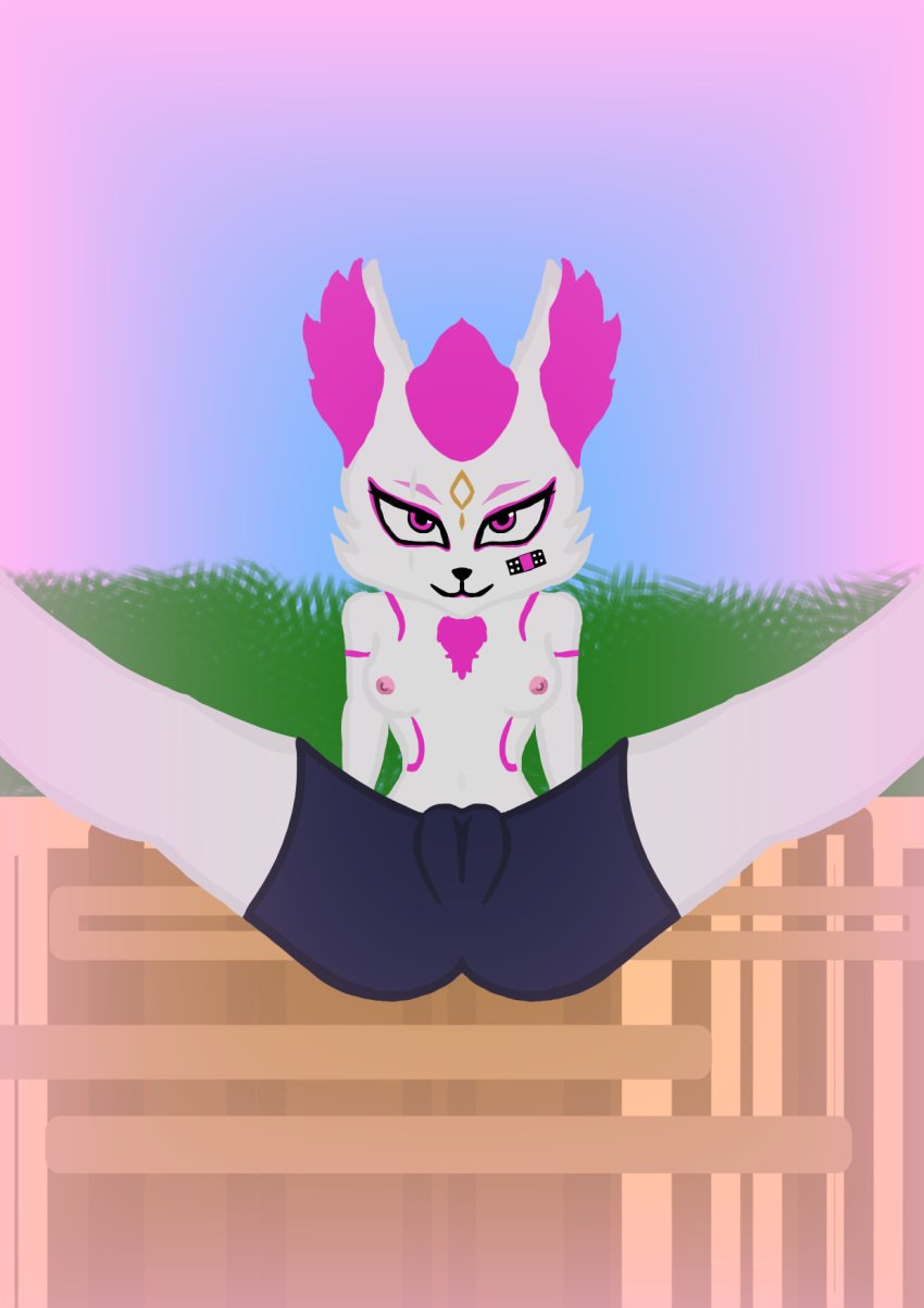 anthro bike_shorts bluetitbird epic_games fortnite fortnite:_battle_royale fox fox_ears fox_girl fur furry kimiko_(fortnite) kimiko_five_tails laying_down legs_apart looking_at_viewer no_bra no_panties pink_eyes pink_hair pink_nipples seductive seductive_eyes small_breasts spats spread_legs topless white_body white_fur