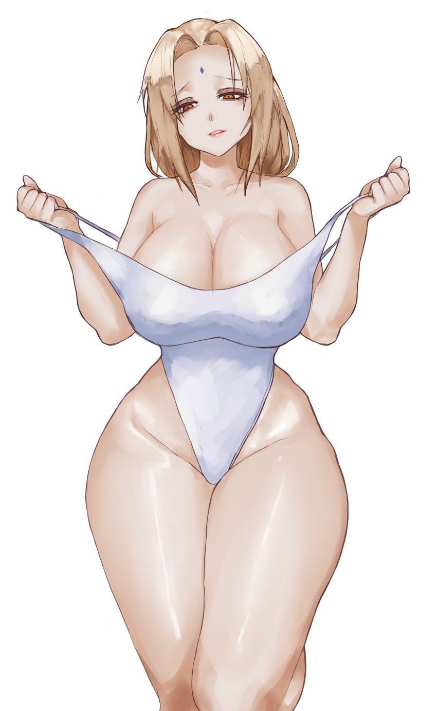 1girls big_breasts blonde_hair breasts brown_eyes cleavage female female_only forehead_jewel hair hips huge_breasts inovy lips mature mature_female mature_woman milf naruto naruto_(series) one-piece_swimsuit solo solo_female swimsuit swimwear thick_thighs thighs tsunade white_swimsuit wide_hips