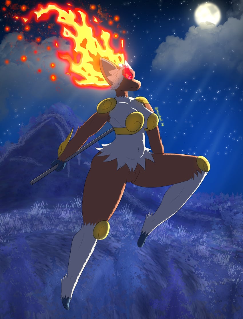 2022 absurd_res alpha_pokémon angry anthro armor asvinkart-34 belly breasts brown_body brown_fur cloud detailed_background digital_drawing_(artwork) digital_media_(artwork) feet female fire fur generation_4_pokemon genitals grass haplorhine hi_res infernape jumping light mammal monkey moon moonlight navel nintendo plant pokémon_(species) pokemon pokemon_(species) pokemon_legends:_arceus primate pussy signature solo video_games white_body white_fur