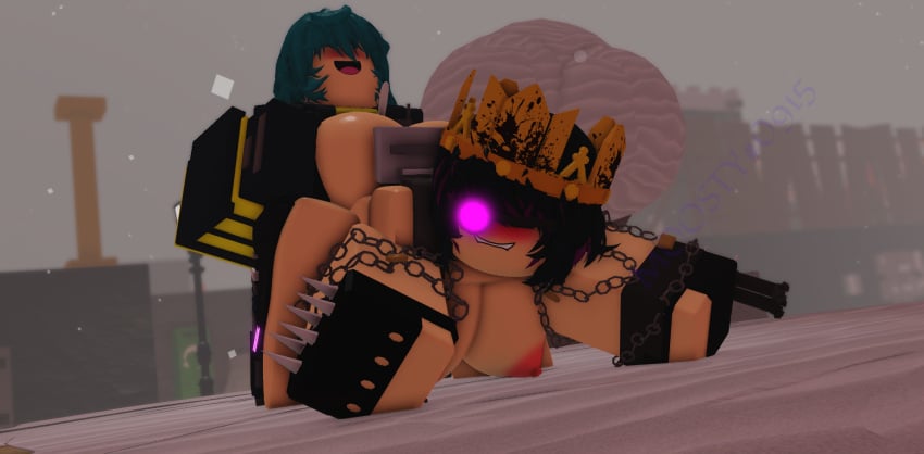 1boy 1girls 3d biting_lip blush chains crown cum cum_in_pussy cum_inside decaying_winter doggy_style moosty outside roblox roblox_game robloxian self_upload sledge_queen smiling tagme