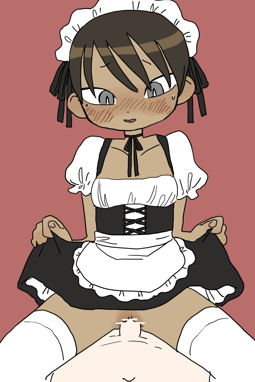 1boy 1boy1girl 1girls 2022 blush brown_hair censored color digital_drawing_(artwork) digital_media_(artwork) female first_person_view looking_at_viewer maid penis semi sex simple_background skirt skirt_lift smile stockings vaginal_penetration vaginal_penetration