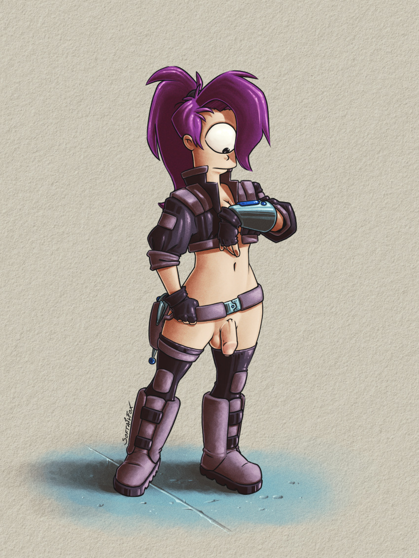 1futa accessory balls bangs big_hair big_penis boots bottomless button_nose clothed clothing comedy_central dickgirl fingerless_gloves footwear foreskin futa_only futanari futurama genitals gloves hair hair_accessory hair_tuff handwear hi_res human humanoid_genitalia humanoid_penis jacket knee_pads laser_gun leather leather_clothing leather_jacket leather_topwear legwear mammal midriff_jacket midriff_top navel one_eye_visible penis ponytail purple_hair ranged_weapon rolled_up_sleeves rubber rubber_clothing science_fiction shaded shoulder_pads simple_background small_ears soft_penis softailfox thigh_highs topwear turanga_leela weapon