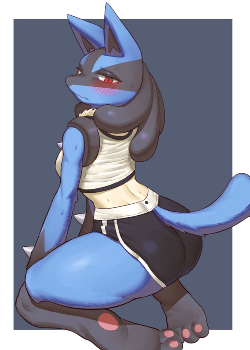 anthro back_view big_ass blue_background blue_fur blush dog_ears dog_girl dog_tail female female_focus female_only female_pokemon long_eyelashes lucario muscular muscular_female nintendo pokemon pokemon_(species) pokemon_only red_eyes short_shorts tail tank_top thick thick_thighs yawar