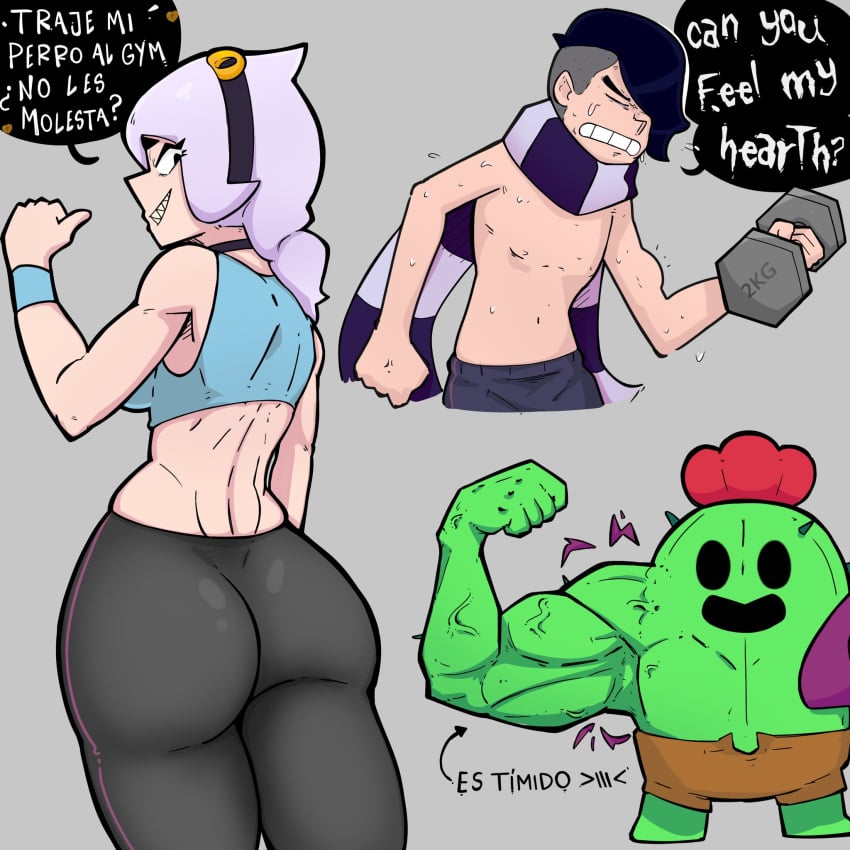 brawl_stars colette_(brawl_stars) edgar_(brawl_stars) fat_ass female flex lifting_weights muscles spanish_text spike_(brawl_stars) zelsxnn