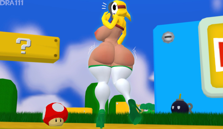 1girls 3d ?_block ass bob-omb dra111_(artist) dragon316 female female_focus green_heels hair_over_one_eye high_heels huge_ass mario_(series) mushroom nintendo shy_gal shy_gal_yellow solo super_mario_bros. super_mushroom tagme tan-skinned_female tan_skin