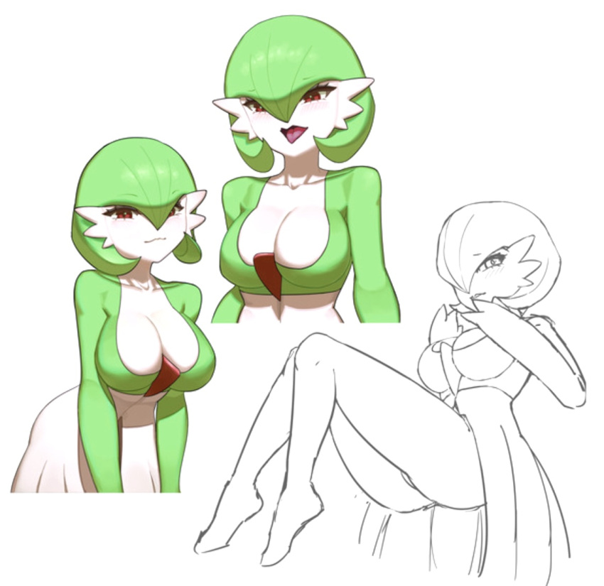 belly_button big_ass blush cleavage female female_focus female_only female_pokemon gardevoir green_hair humanoid large_breasts long_eyelashes nintendo open_mouth pokémon_(species) pokemon pokemon_(species) pokemon_only red_eyes skirt smile thick_thighs yawar