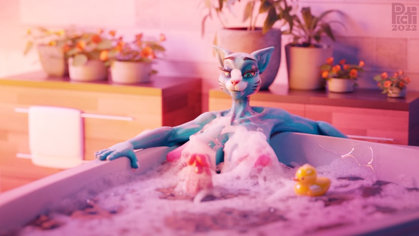 3d bare bath blue_body blue_eyes blue_fur breasts cartoon_network domestic_cat felid feline felis foam fur futanari genitals hi_res intersex mammal nicole_watterson nude penis picti plant pots rubber_duck serene solo tagme the_amazing_world_of_gumball towel water