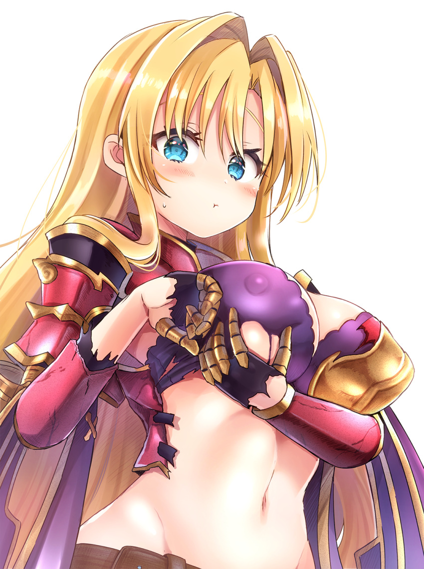 blonde_hair blue_eyes blush breasts cleavage covered_nipples female gloves granblue_fantasy hair_intakes kamiya_zuzu large_breasts long_hair midriff navel pout red_armor solo torn_clothes zeta_(granblue_fantasy)