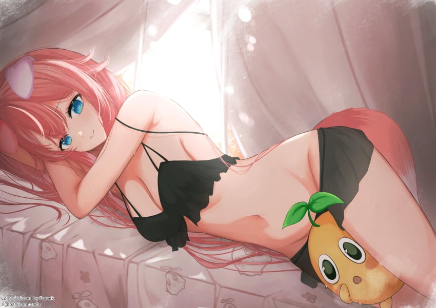 1girl animal_ears armpits bare_shoulders bed black_bra blue_eyes breasts cleavage curtains day dog_ears dog_girl dog_tail eyebrows_visible_through_hair groin indoors large_breasts long_hair looking_at_viewer lying medium_breasts navel on_side parkiranhonda pillow pink_hair sarong see-through smile solo sunlight underwear virtual_youtuber vyugen window yuniiho_(character)