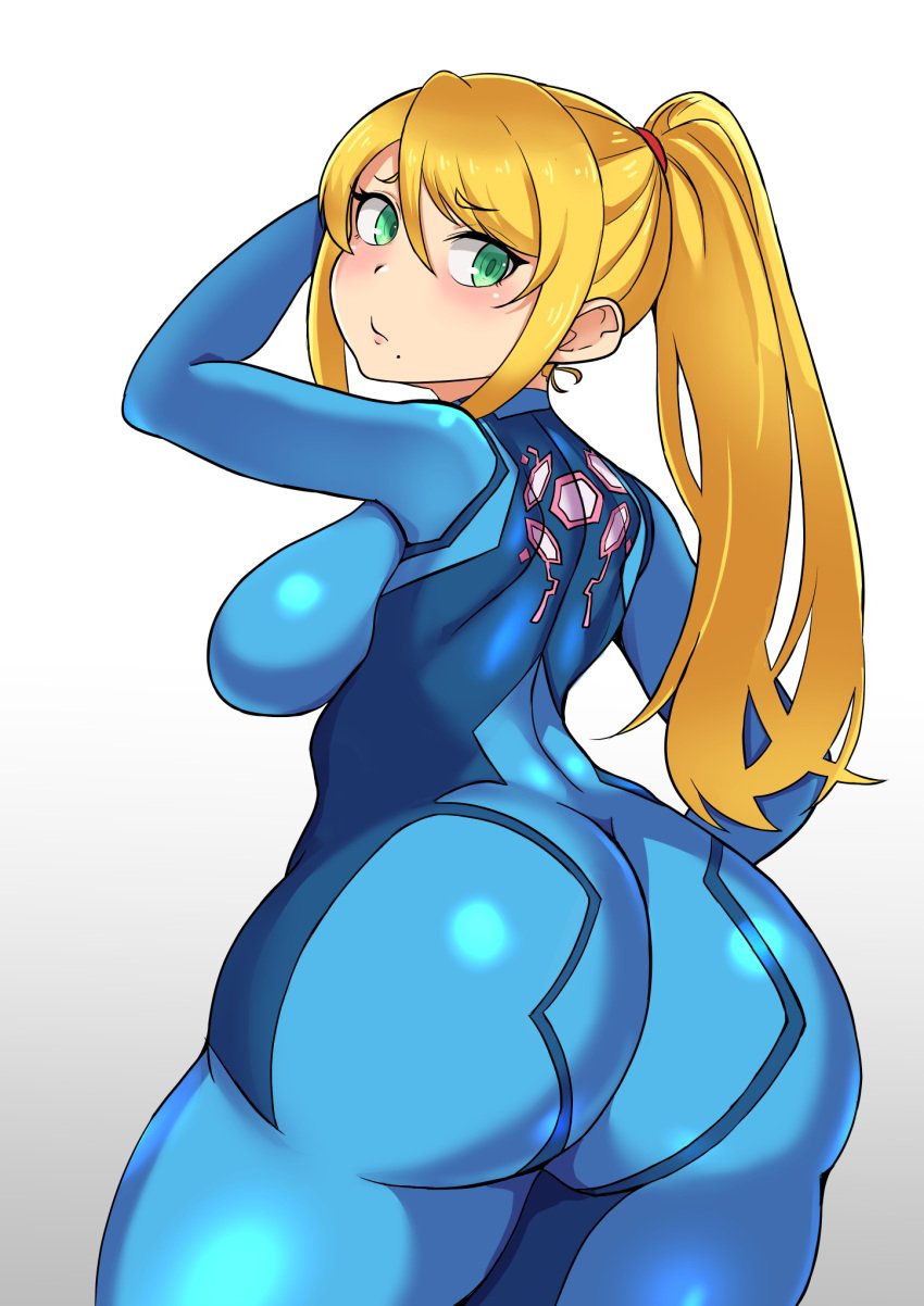 1girls big_breasts blonde_hair blue_bodysuit bodysuit enormous_ass female green_eyes huge_ass looking_back massive_ass metroid mokuren5 samus_aran solo tagme thunder_thighs zero_suit zero_suit_samus