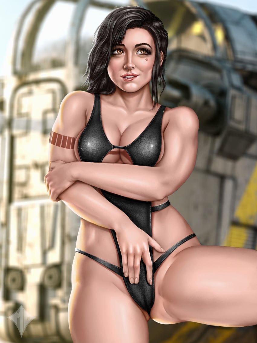 1girls amber_eyes arm_tattoo athletic athletic_female background bare_legs biting_lip black_clothing black_hair breasts cara_dune cleavage clothed clothed_female clothing day eyelashes eyes facial_tattoo female female_only fit_female front_view hair hand_on_crotch human human_only idrawnudeladies large_breasts leg_up light-skinned_female light_skin lips long_eyelashes long_hair looking_away looking_up muscular muscular_female open_smile outside parted_lips razor_crest rebel_alliance_symbol science_fiction short_hair signature skimpy solo spacecraft spread_legs standing standing_on_one_leg star_wars swimsuit swimwear tattoo tear_(marking) teeth the_mandalorian thick_thighs thighs vehicle voluptuous