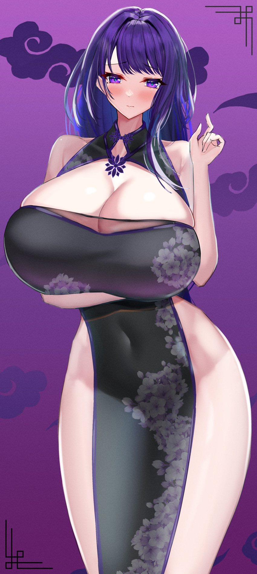 1girls black_dress blush breasts china_dress dress female genshin_impact hi_res hips huge_breasts kaoru1307 long_hair massive_breasts no_p3 pelvic_curtain purple_eyes purple_hair raiden_shogun side_slit slim_waist thick_thighs thighs top_heavy wide_hips