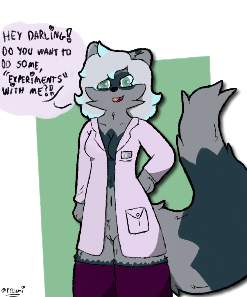 absurd_res anthro big_tail breasts cleavage clothed clothing coat dialogue digital_media_(artwork) domestic_ferret female femlumi(fylumi) fluffy fylumi genitals green_eyes grey_body hair hi_res hybrid lab_coat legwear looking_at_viewer mammal mustela mustelid musteline partially_clothed pink_clothing procyonid purple_clothing purple_legwear purple_thigh_highs pussy raccoon shaded simple_background simple_coloring simple_eyes simple_face simple_nose simple_shading solo solo_focus solo_in_panel speech_bubble suggestive_look talking_to_viewer thigh_highs topwear true_musteline white_hair