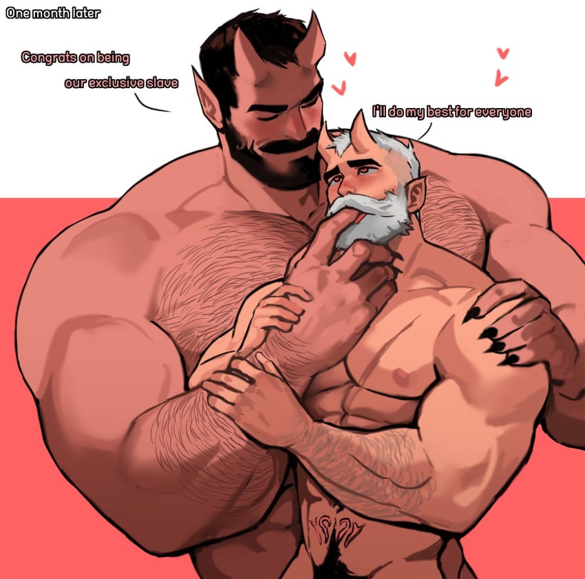 arm_hair beard bearded black_hair blush blushing buff buffed chest_hair daddy demon devil dilf dopq duo facial_hair finger_in_mouth gay hairy hairy_arms hairy_chest horn horns large_pectorals male/male male_only nipples pecs pectorals scar slave smile smiling text white_hair