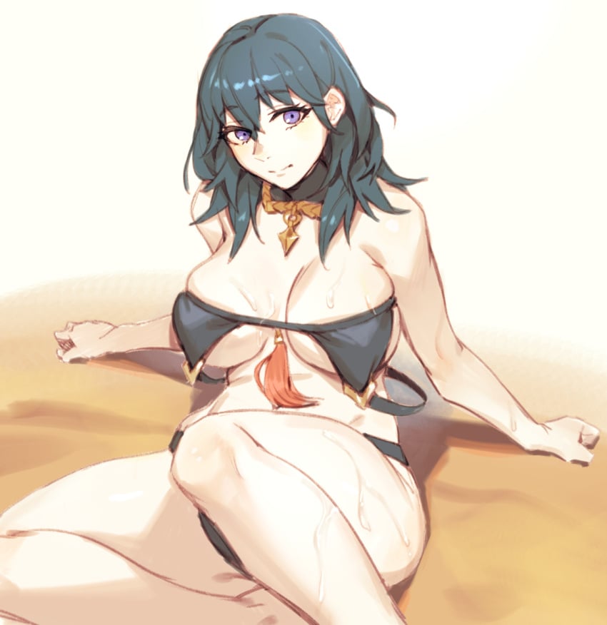 1girls adapted_costume alternate_costume bangs berg berg-yb bikini black_bikini black_swimsuit blue_eyes blue_hair breasts byleth_(fire_emblem) byleth_(fire_emblem)_(female) cleavage closed_mouth female female_only fire_emblem fire_emblem:_three_houses fire_emblem_heroes highres large_breasts medium_hair navel nintendo official_alternate_costume smile swimsuit tassel teal_hair