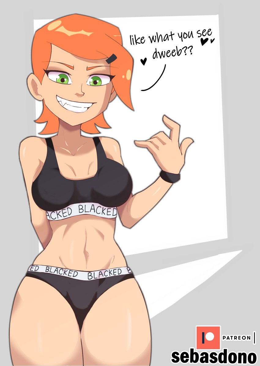 1girls ben_10 blacked blacked_clothing breasts calvin_klein cartoon_network english_text female female_focus female_only flirting flirting_with_viewer green_eyes grin gwen_tennyson hairclip light-skinned_female light_skin looking_at_viewer mound_of_venus navel orange_hair plain_background red_hair redhead sebasdono short_hair solo sports_bra sportswear teasing teasing_viewer text thighs tomboy toothy_grin wristband