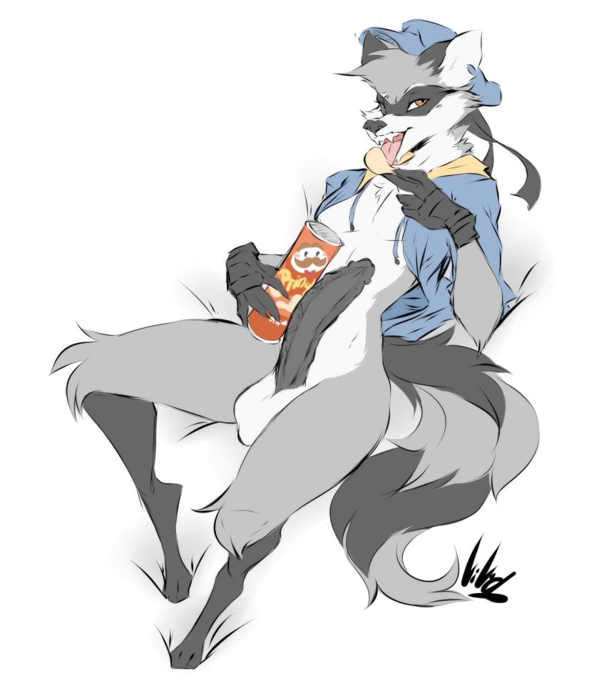 anthro big_penis clothing dullvivid erection fur furry furry_only male male_only penis pringles size_comparison sly_cooper sly_cooper_(series) smooth_fur solo tagme tail