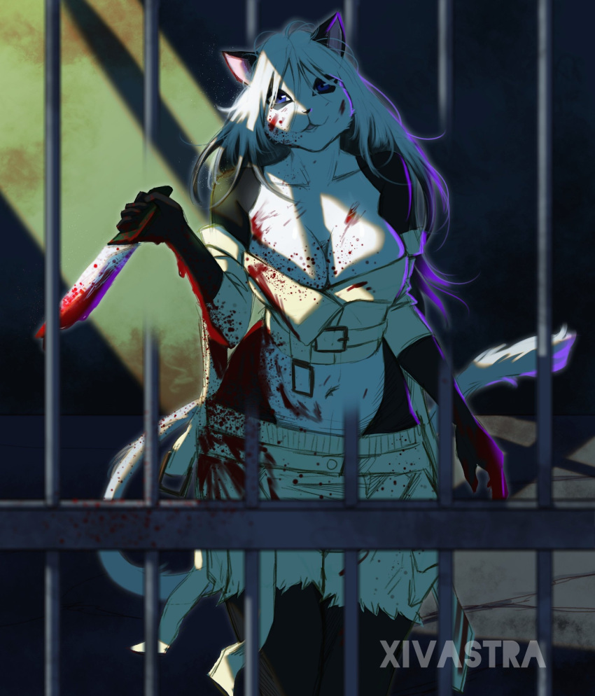 artist_logo artist_name artist_signature behind_bars big_breasts blood blood_on_body blood_on_clothing blood_on_face blood_on_weapon blood_stain blue_eyes breasts cat_ears cat_tail commission commission_art detailed feline female female_focus female_only hi_res high_quality holding_object holding_weapon jail_bars long_white_hair looking_at_viewer panda panda_girl rachel_(xirtedak) ripped_clothing ripped_shorts shorts sunlight sunlight_rays tail waist_belt white_hair white_tail xivastra