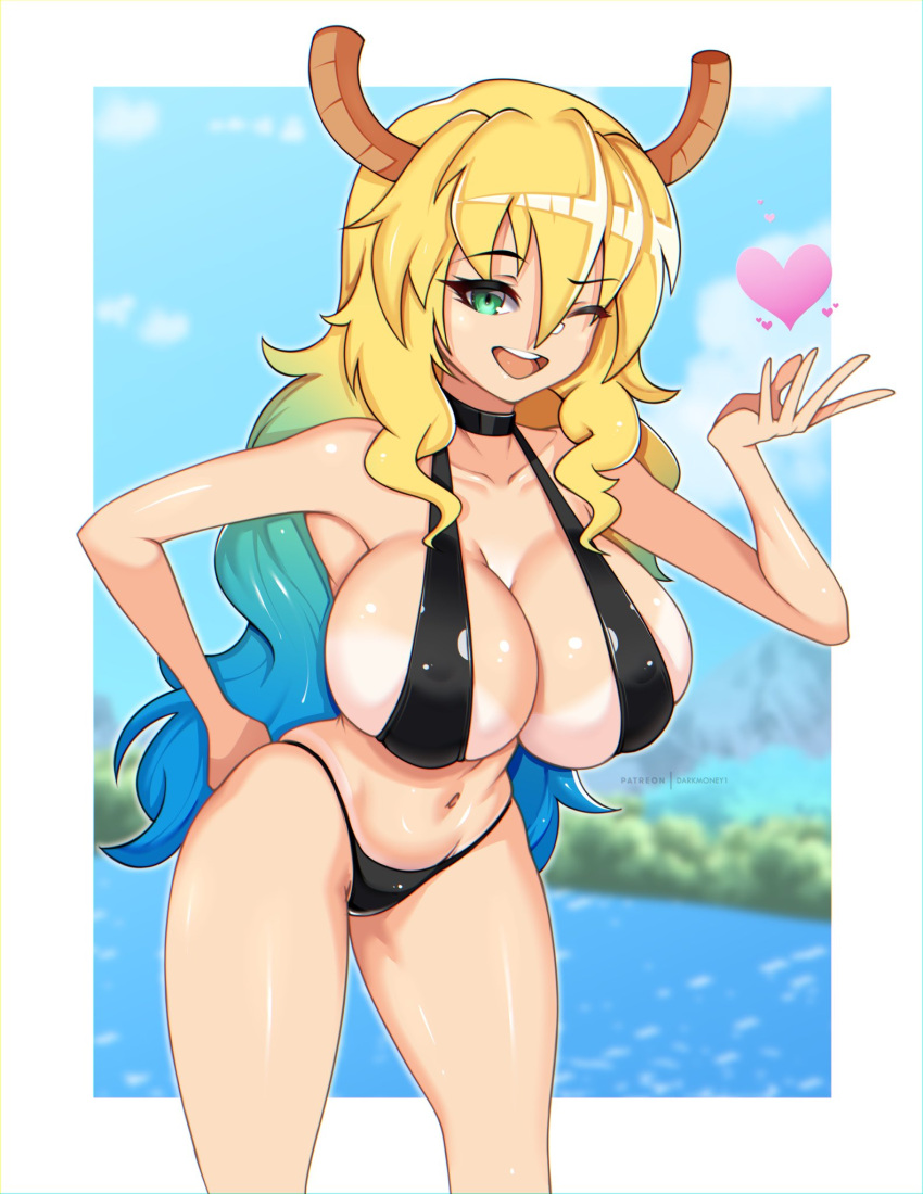 1girls big_breasts bikini bikini_top black_bikini blonde_hair breasts cleavage darkmoney1 female female_only fully_clothed green_eyes green_highlights hair hand_on_hip heart horns huge_breasts long_hair mature mature_female mature_woman miss_kobayashi's_dragon_maid one_eye_closed quetzalcoatl_(dragon_maid) revealing_clothes skimpy_clothes solo solo_female swimsuit swimwear thighs two_tone_hair wink