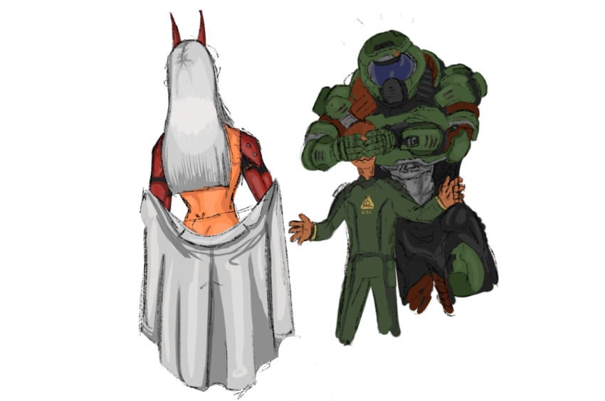 1girls 2boys armor covering_another's_eyes covering_eyes cybernetic_arm cybernetic_limb cybernetic_limbs cybernetics cyberpunk cyborg day_of_wrath day_of_wrath_(doom_fanfic) deathadder demon demon_girl demon_horns demoness doom doom_(series) doom_eternal doom_slayer doom_slayer_(doom) doomguy fanfiction funny half_dressed half_naked horned_humanoid horns infinitypilot intern_(doom) internguy inviting inviting_to_sex kuddly_kraken lab_coat labcoat long_hair mechanical mechanical_arm open_clothes open_shirt original_character panties praetor_suit presenting seducing seductive seductive_pose succubus undressing white_hair zeta_(day_of_wrath) zoe_thompson_(day_of_wrath)