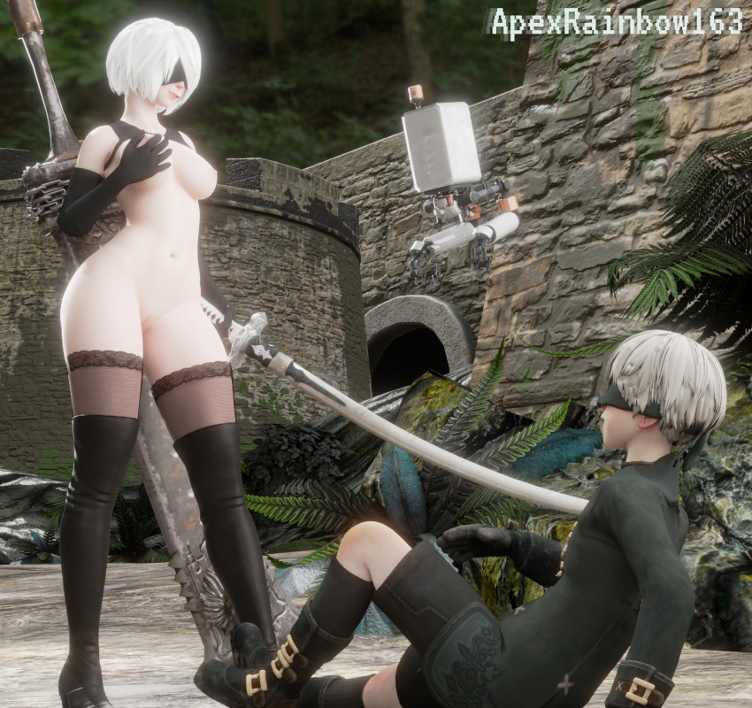 3d apexrainbow163 big_ass big_hips blender blender_(software) blender_cycles blindfold erect_nipples exposed_pussy gloves grabbing happy horny horny_female imminent_sex long_gloves nier:_automata no_bra no_panties stockings white_hair yorha_2b yorha_9s