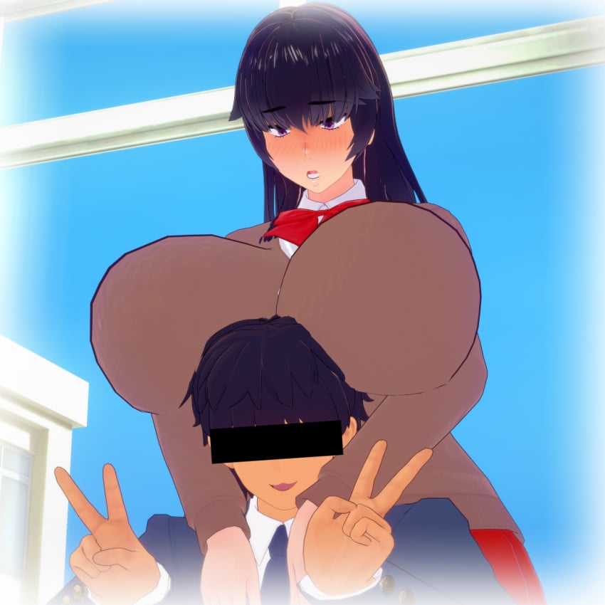 1boy 1boy1girl 1girls 2022 3d :3 abceefg bangs big_breasts bigger_female blunt_bangs blush bow breast_rest breasts breasts_on_head censored_eyes character_request clothed dark_hair double_v eyebrows_visible_through_hair female fully_clothed hands_on_another's_chest huge_breasts hyper_breasts koikatsu long_bangs long_hair male open_mouth pale-skinned_female pale_skin public red_bow red_skirt riachin_(yotchi) school_uniform size_difference smaller_male taller_girl tan_skin window