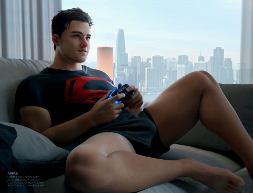 3d 3d_(artwork) actor appasart big_bulge bulge celebrity conner_kent dc dc_comics huge_bulge in_character joshua_orpin kon-el male male_only muscles muscular muscular_male playing_videogame spread_legs superboy superboy_(conner_kent) superman_(series) titans video_games