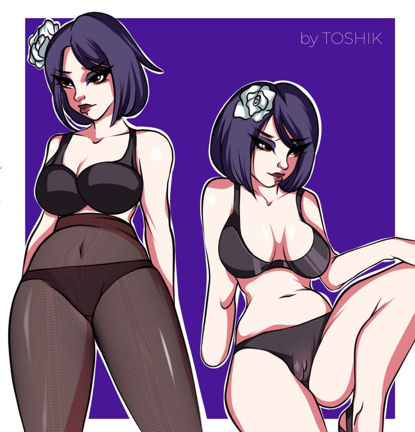 2girls black_bra black_panties bob_cut bra cameltoe cleavage eyeshadow feet female female_focus female_only hair_flower hi_res high_resolution highres konan legs light-skinned_female light_skin makeup mature mature_female medium_breasts medium_hair milf naruto naruto_(series) naruto_shippuden orange_eyes pale-skinned_female pale_skin panties pantyhose pinup pose posing purple_lips purple_lipstick pussy sandals shoulder_length_hair shounen_jump sitting standing thighs toshik underwear vagina