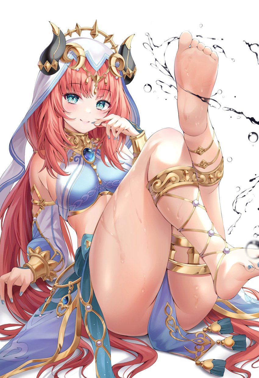 1girls ambiguous_eye_color barefoot blue_eyes bnari breasts feet foot_focus genshin_impact harem_outfit light-skinned_female light_skin middle_eastern middle_eastern_clothing middle_eastern_female nilou_(genshin_impact) pale-skinned_female pale_skin pelvic_curtain persian_clothing persian_female red_hair solo thighs toes wet