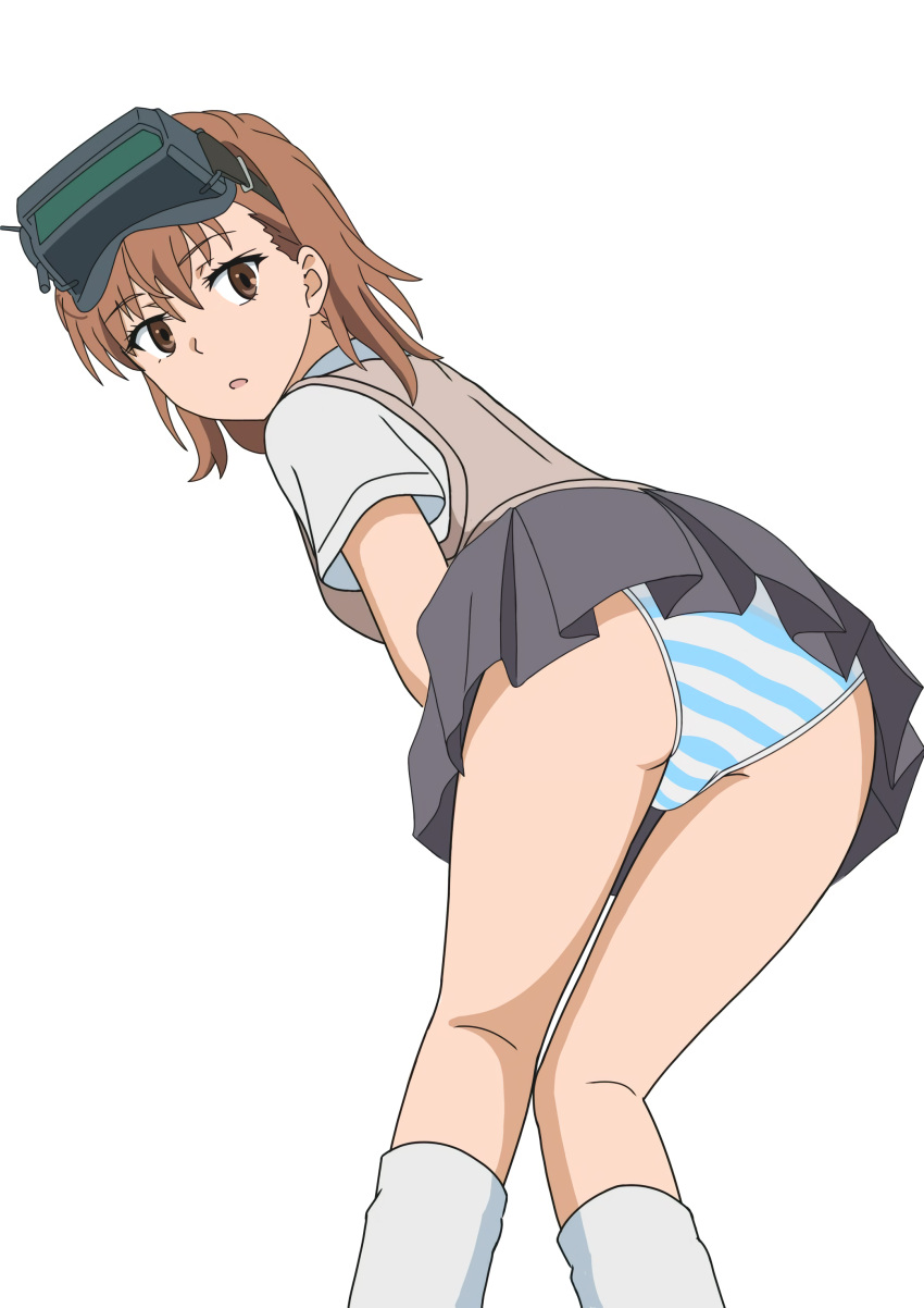 1girls 2020 2020s absurd_res ass bare_thighs brown_eyes brown_hair brunette clone clothed clothed_female feet_out_of_frame female from_behind grey_skirt head_mounted_display hi_res leaning_forward looking_back matching_hair/eyes miniskirt misaka_imouto panties pantyshot rx53l5 school_uniform schoolgirl shirt short_hair skirt socks solo striped striped_panties sweater_vest teenage_girl teenager thighs to_aru_kagaku_no_railgun to_aru_majutsu_no_index tokiwadai_school_uniform underwear vertical_stripes vest white_background white_socks young