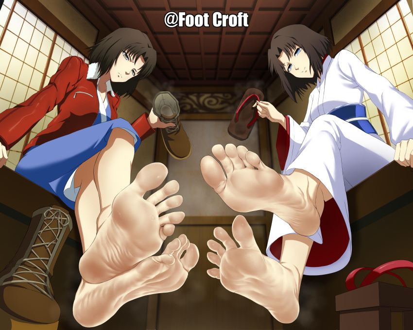 2022 2d 2d_(artwork) 2girls 5_toes barefoot big_feet boots brown_hair character_name clothed clothed_female detailed duo feet feet_together feet_up female female_focus female_on_top female_only femdom foot_fetish foot_focus footcroft holding_shoes kara_no_kyoukai light-skinned_female light_skin looking_at_viewer ryougi_shiki sandals shoes shoes_removed short_hair smell smelly_feet smelly_shoes soles steam steaming_body steamy steamy_feet steamy_shoes sweaty sweaty_feet toe_curl toe_scrunch toenails toes wrinkled_feet wrinkled_soles wrinkles