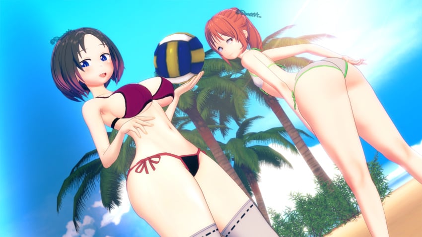 2girls beach big_ass big_breasts bikini black_hair blender curvy elma_(dragon_maid) elmast_ kobayashi kobayashi-san_chi_no_maidragon miss_kobayashi's_dragon_maid multiple_girls red_hair short_hair small_breasts volleyball