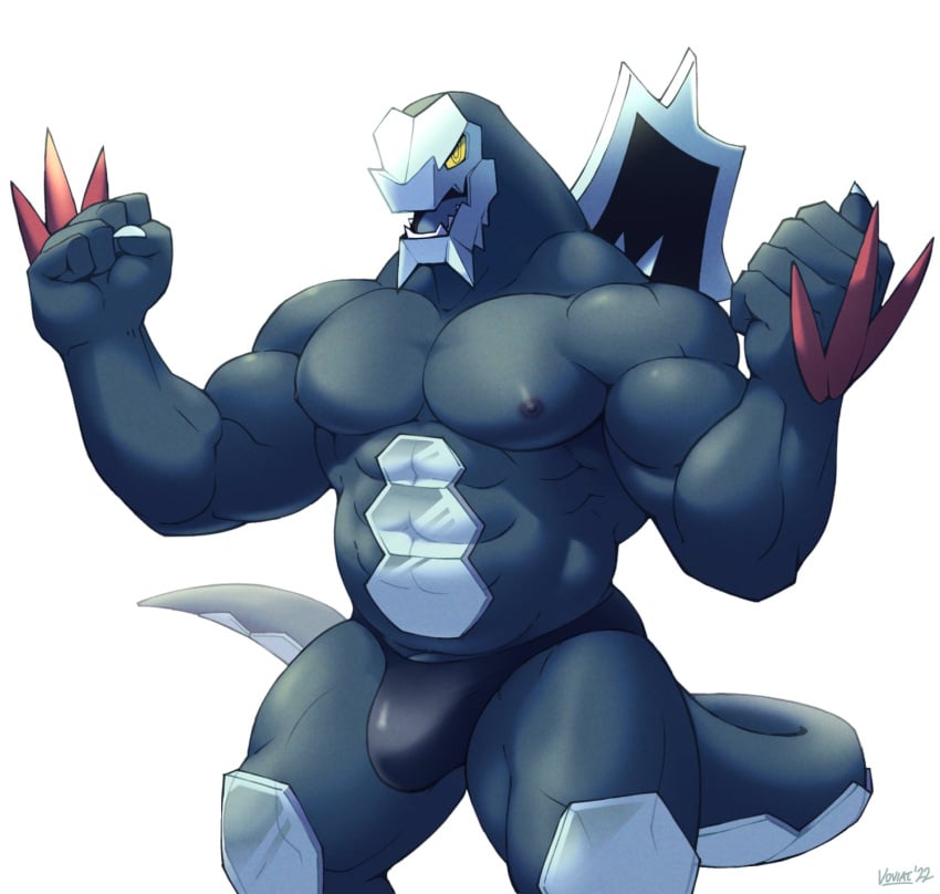 abs anthro back_spines backbone baxcalibur biceps bottomwear bulge carcharodontosaurid claws clothing concavenator dark_body dark_skin dinosaur dragon generation_9_pokemon genitals hand_spike hexagon hi_res ice kaiju male muscular muscular_anthro muscular_male muscular_thighs nintendo nipples open_mouth pecs penis pokemon pokemon_(species) pose raised_arms reflective reptile scalie serratus sharp_claws sharp_teeth simple_background solo teeth theropod triceps underwear video_games voviat white_background yellow_eyes