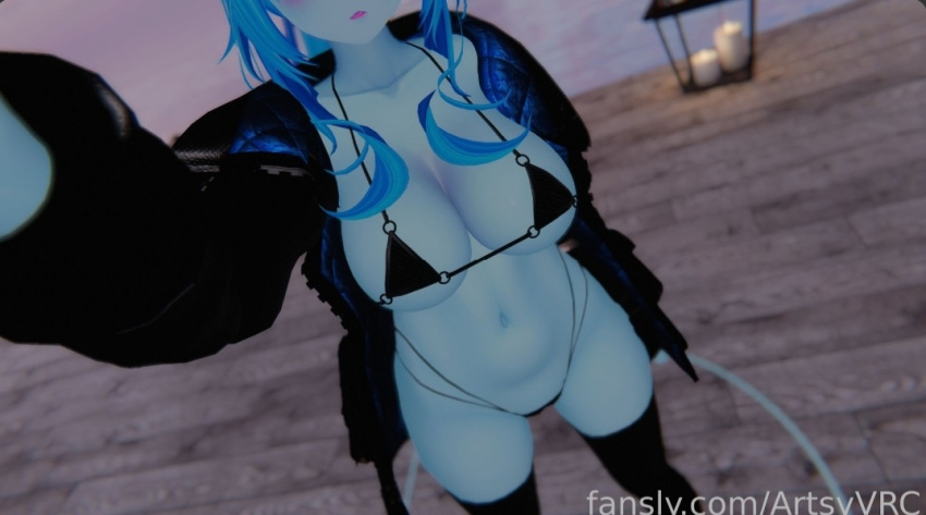 artsyvrc blue_hair blue_skin bra breasts panties standing thighhighs thong virtual_youtuber vrchat