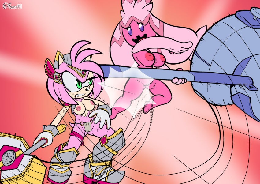 angry anthro armor bottomwear breasts clothing crossover duo female female/female fight fighting_pose fours_(artist) generation_9_pokemon genitals hammer humanoid inverted_nipples loincloth mostly_nude nintendo nipples nude paladin_amy pokemon pokemon_(species) pokemon_sv pose pussy sega short_stack shortstack simple_background sonic_(series) sonic_forces_speed_battle sonic_the_hedgehog_(series) tinkaton tools video_games