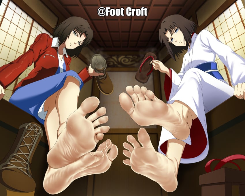 2022 2d 2d_(artwork) 2girls 5_toes barefoot big_feet boots brown_hair character_name clothed clothed_female detailed duo feet feet_together feet_up female female_focus female_on_top female_only femdom foot_fetish foot_focus footcroft kara_no_kyoukai light-skinned_female light_skin looking_at_viewer ryougi_shiki sandals shoes shoes_removed short_hair soles steam steamy steamy_shoes sweaty sweaty_feet toe_curl toe_scrunch toenails toes wrinkled_feet wrinkled_soles wrinkles