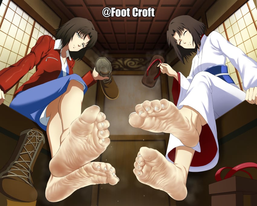 2022 2d 2d_(artwork) 2girls 5_toes barefoot big_feet boots brown_hair character_name clothed clothed_female detailed duo feet feet_together feet_up female female_focus female_on_top female_only femdom foot_fetish foot_focus footcroft holding_shoes kara_no_kyoukai light-skinned_female light_skin looking_at_viewer pinched_toes ryougi_shiki sandals shoes shoes_removed short_hair smell smelly_feet smelly_shoes soles steam steaming_body steamy steamy_feet steamy_shoes sweat sweatdrop sweaty sweaty_feet toe_curl toe_scrunch toenails toes wrinkled_feet wrinkled_soles wrinkles