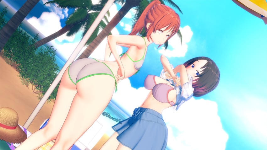 2girls beach big_ass big_breasts bikini blender elma_(dragon_maid) elmast_ kobayashi kobayashi-san_chi_no_maidragon miss_kobayashi's_dragon_maid multiple_girls red_hair short_hair skirt small_breasts undressing