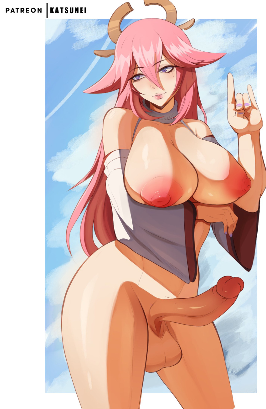 1futa 2022 animal_ears areolae arm_under_breasts balls big_breasts big_penis breasts erect_nipples erect_penis erection futa_only futanari genshin_impact horny humanoid humanoid_penis katsunei kemonomimi light-skinned_futanari light_skin looking_away nipples nude penis pink_hair purple_eyes solo standing yae_miko