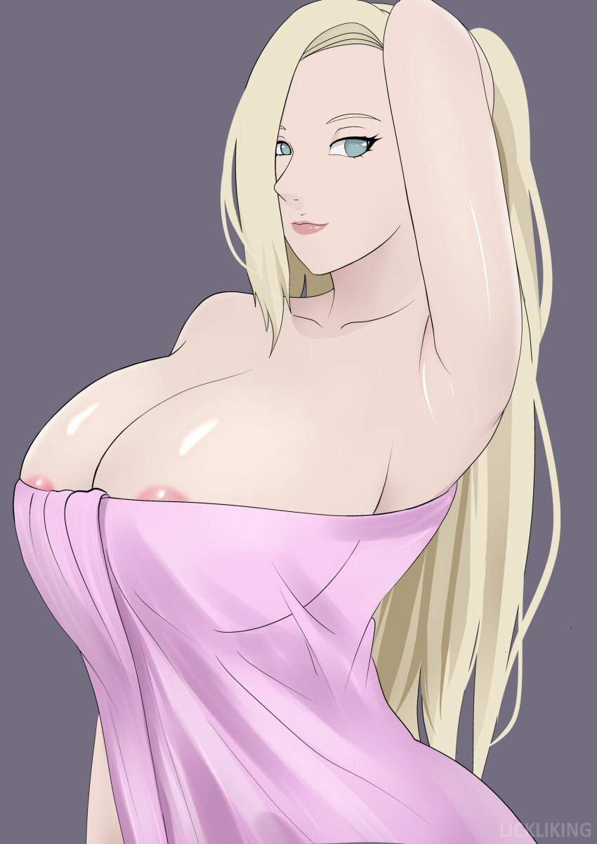 1girls areola areola_slip arm_behind_head bare_chest bare_shoulders barely_clothed blonde_hair blue_eyes busty cleavage female female_only ino_yamanaka lickliking lipstick looking_at_viewer makeup naruto naruto:_the_last naruto_(series) naruto_shippuden smile solo solo_focus top_heavy towel towel_only upper_body very_long_hair