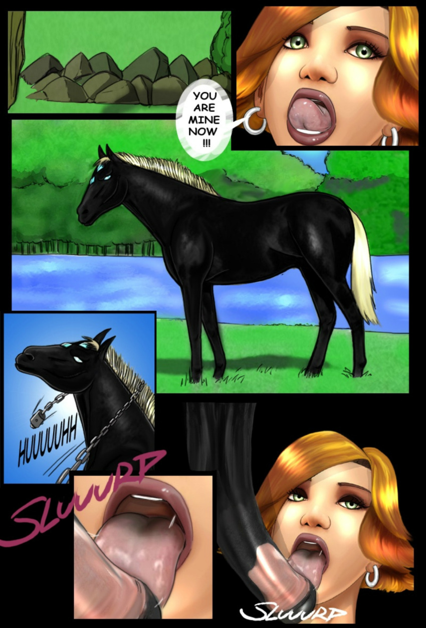 1boy 1girls 2011 blizzard_entertainment blonde_hair blowjob comic comic_page equine_penis fellatio horse horsecock huge_cock human human_(world_of_warcraft) licking_penis light-skinned_female light_skin millee original_character shina warcraft warrior_(warcraft) world_of_warcraft zoophilia