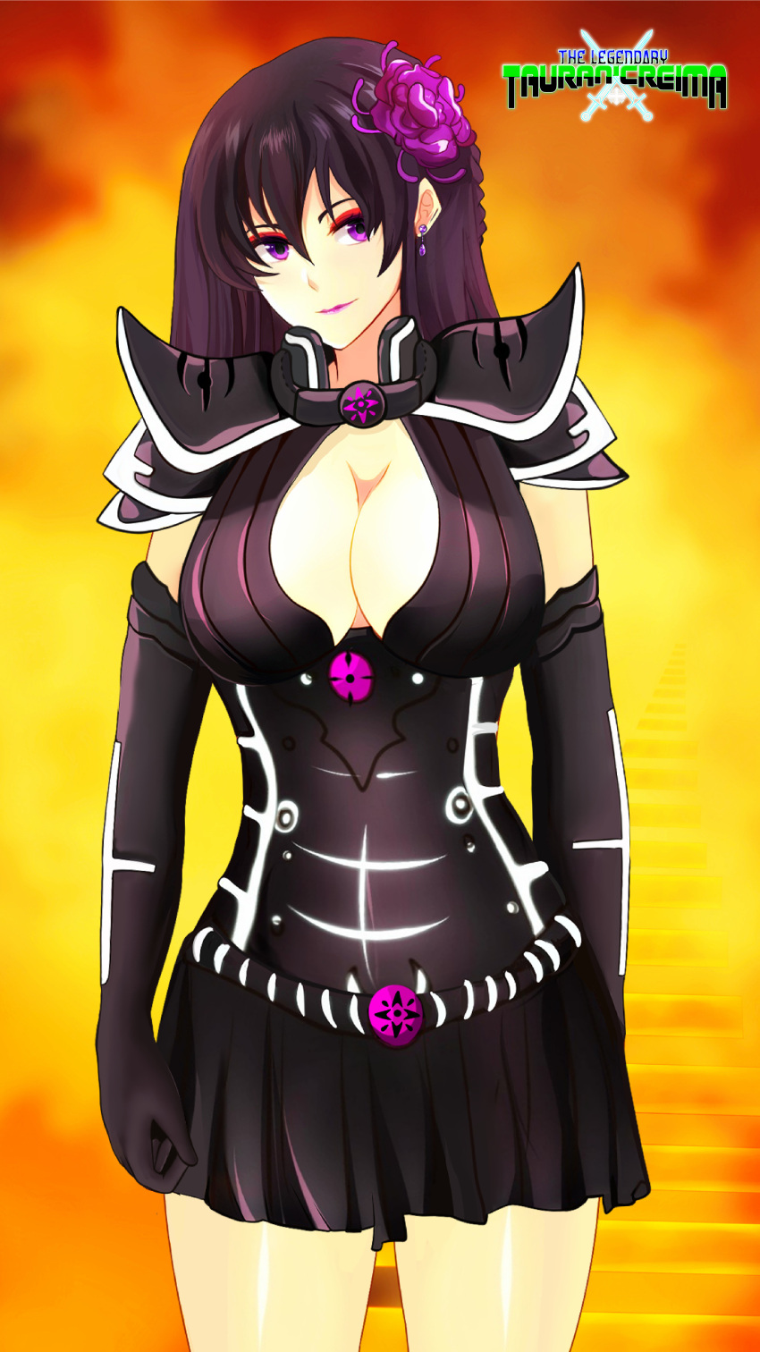 black_hair breasts deathelena_recreigialas earring flower_in_hair logo looking_at_viewer mature_female mature_woman nail_polish original original_character purple_eyes sacredcourage smiling the_legendary_tauran'creima the_legendary_tauran'creima:_star_beings_of_the_universe voluptuous voluptuous_female