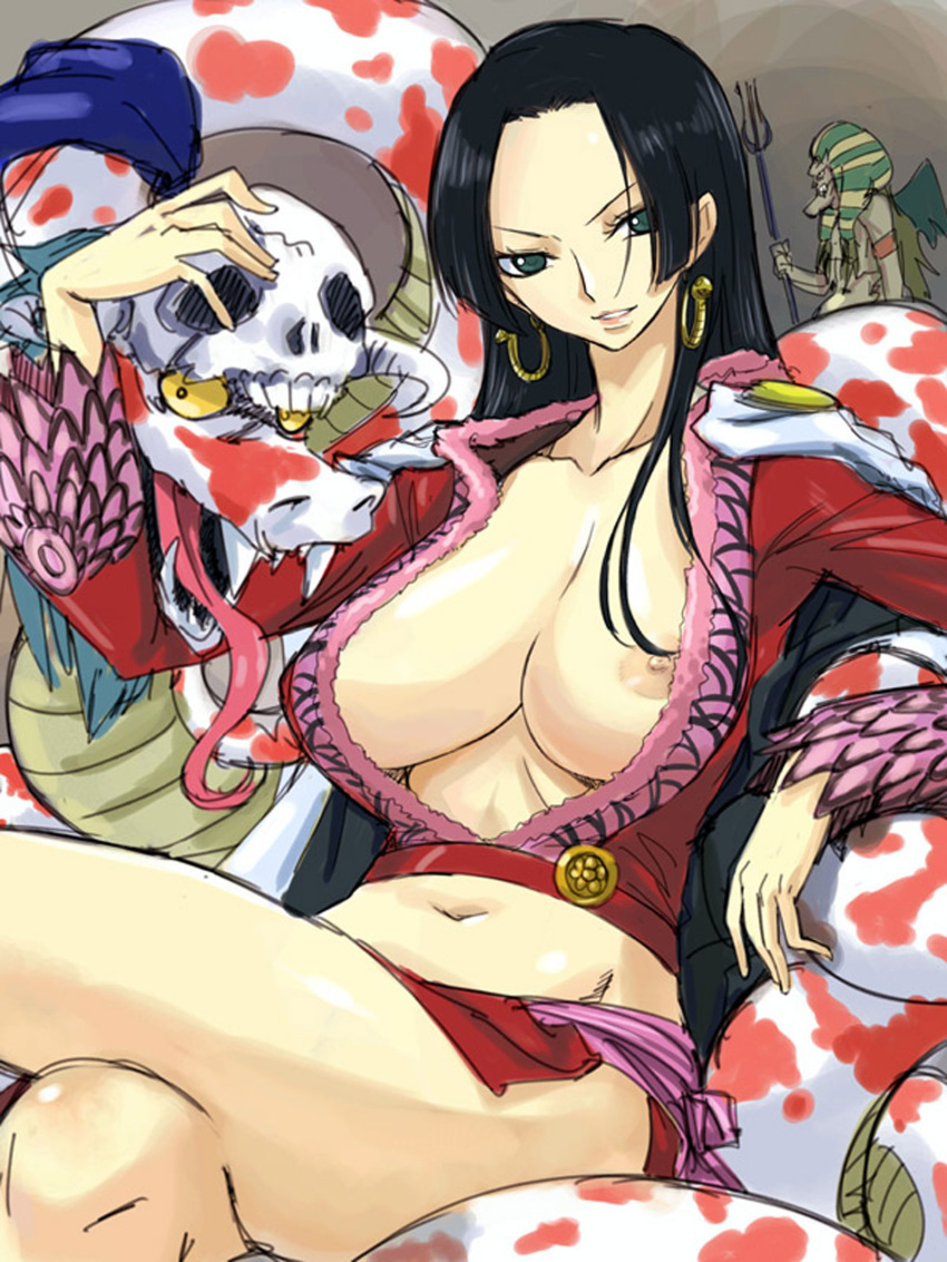 1girls animal black_hair boa_hancock breasts crossed_legs earrings female female_focus green_eyes hannyabal highres huge_breasts jewelry legs_crossed long_hair male michael_f91 midriff nipple_slip nipples no_bra no_sex one_piece resized salome_(one_piece) sitting skirt skull smile snake solo_focus straight_hair