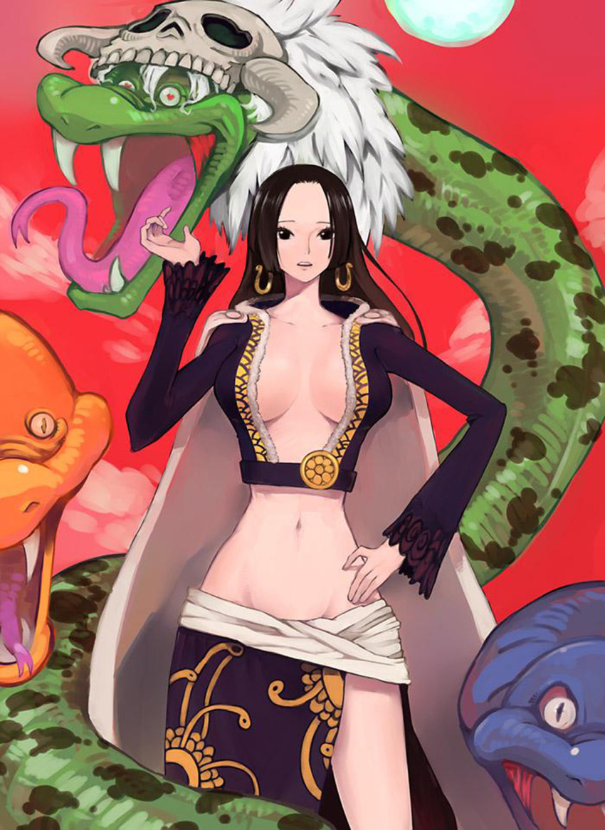 1girls animal boa_hancock breasts cape cleavage clothing female female_focus female_only highres long_hair one_piece salome_(one_piece) sanae_(satansanae) skull snake solo_focus straight_hair