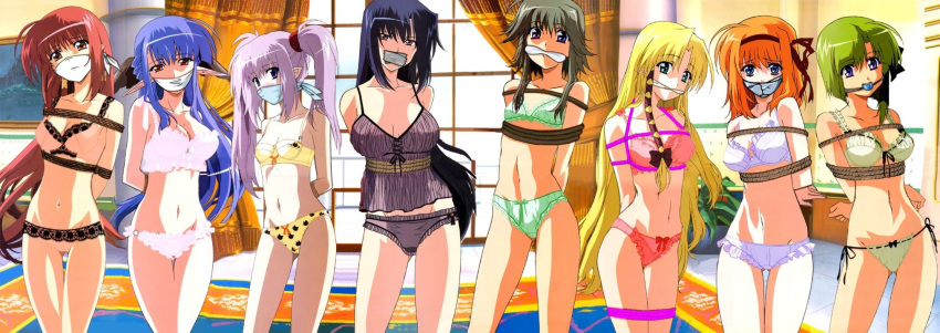 6+girls 8girls albinoteagain arms_behind_back ball_gag benibara_nadeshiko bikini bondage bra character_request cleave_gag female female_only femsub fuyou_kaede gag gagged highres kareha lingerie lisianthus long_image mayumi_thyme multiple_boys multiple_girls multiple_subs nerine over_the_mouth_gag over_the_nose_gag panties photoshop primula rope shigure_asa shuffle shuffle! swimsuit tape tape_gag underwear wide_image